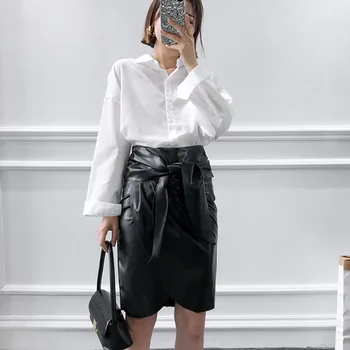 Sălbatice de Talie Mare Sac de Șold Neregulate Partea Neagră Za Fusta Feminin 2019 Slim Înnodate cu PU Imitatie Piele Fusta Faldas Mujer Moda