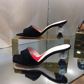 Unic Ștrasuri Din Mărgele De Cristal Ciudat Toc Catâri Doamna Summer Square Toe Din Piele Pantofi Sandale Pentru Fete Femei