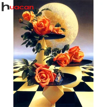 Huacan Diamant Pictura Flori Rose Cross Stitch Diamant Broderie Luna Mozaic De Pietre Imagine Handcraft