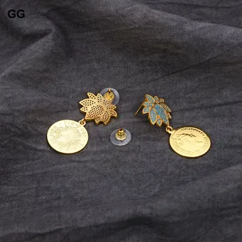 GuaiGuai Bijuterii Floare Albastră Împodobite Cu Cz Deschide Insecte De Culoare De Aur Placat Cu Regina Libertatea Monedă Legăna Cercei Stud Pentru Femei