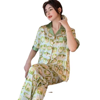 Vara, Pijamale pentru Femei Imitație de Mătase Rever Cardigan Subțire Vrac Stil de Servicii de Origine Fete cu mânecă Scurtă, Pantaloni de Costum din Două piese