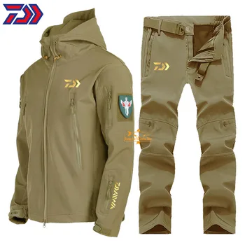 2021 DAIWA Iarna S-5XL Soft Shell Costume de Pescuit Cald Pantaloni Tactice de Vânt în aer liber, Jachete Impermeabile Barbati Gluga Haina+Pantalon