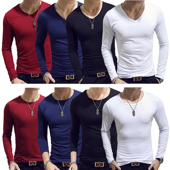 2021 Elastic Mens T-Shirt O-Gat Maneci Lungi Gâtul Rundă Bărbați T-Shirt Pentru Bărbați Lycra Si Bumbac T-Shirt Om De Îmbrăcăminte