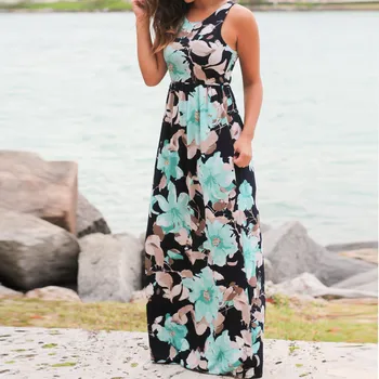 Moda 2021 Femei fără Mâneci Florale Imprimare Maxi rochie cu Buzunare fără Mâneci Florale Imprimare Maxi rochie Bodycon În stoc