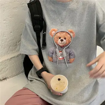 T-shirt de sex Feminin, Harajuku Ursul Desene animate cu Maneci Scurte Fata, Bumbac Imprimare Urs coreean Gât Rotund Liber Casual Kawaii Femei Top