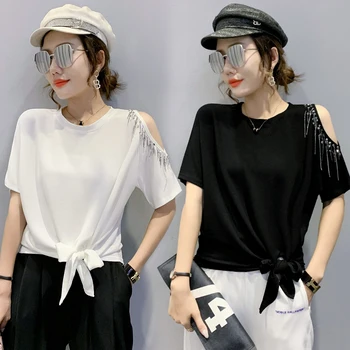 Vară Stil coreean Solid Pierde T-Shirt Sexy Chic de Pe Umăr Margele Ciucuri Femei Topuri cu Maneci Scurte din Dantela-Up Teuri 2021 T14926A