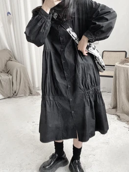 SuperAen 2021 Primăvara și Vara Lady ' s New Mid-lungime Rochie de Moda coreeană Stil Întuneric Vrac Cutat Rochie Camasa Alb-Negru