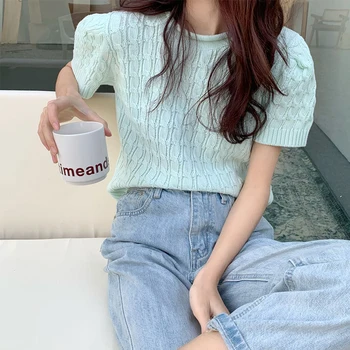 Femei pe Scurt cu Mâneci tricou de Vară 2021 Nou Stil coreean Casual Scurt Bottom Cămașă Western Stil Versatil Top Tricotate Ins