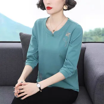 2021 Noi de Vara din Bumbac Tricou Femei Tricou cu Maneci Lungi, O Gât Vrac Femeie T-shirt Stil coreean Femei, Plus Dimensiune Camasi