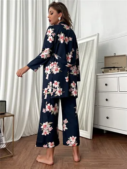 Vara femeii Sleepwear Imprimare Florale Rochie 3pcs Set Halat Pantaloni Lungi de Pijama Lounge Purta