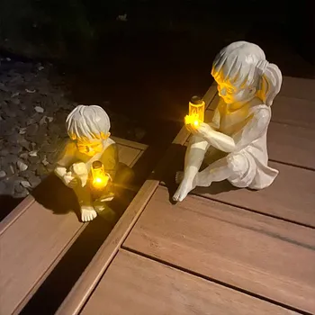 Un Copil Cu Solar Licurici Gradina Statuia Rășină Borcan Fată Băiat Statuie Capricioasă Pat De Flori Curte De Sculptură În Aer Liber Decoruri De Vânzare Fierbinte