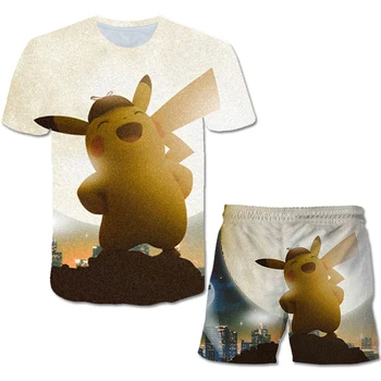 Fete Haine de Imprimare 3D Anime Pikachu T-shirt Colorat Fete Haine de Vară Fată Băiat Maneca Scurta +pantaloni Scurti 2-Bucata de Desene animate pentru Copii Costum