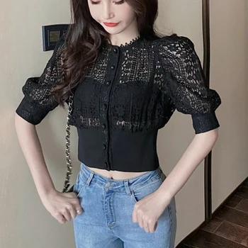 Puff Maneca Dantela Gol Afară De Alb Tricou Femei Topuri Coreean Bluze Sexy Femeie De Vară 2021 Noua Moda Solid Butonul Tricouri 13607