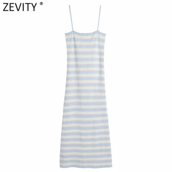 Zevity 2021 Noi Femeile de Moda cu Dungi de Imprimare Casual Slim Tricotat Sling Rochie de sex Feminin Chic de Vara Spaghete Curea Vestido DS8283