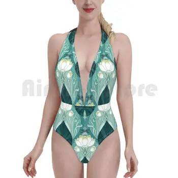 Nouveu Waterlily-o singură bucată de costume de Baie Bikini Padded Adenaj Art Nouveau Waterlily Crin Floare de Crin Floral Verde Galben Alb