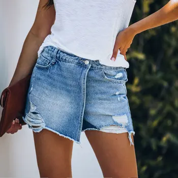 Gentillove 2021 Femei Fusta Mini Talie Mare Dificultate Gaura Fundul Vara Rupt Slim Denim Pantaloni Scurți Casual De Bază Vintage De Buzunar