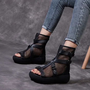DRKANOL Sandale lucrate Manual pentru Femei În 2021 Pantofi de Vara din Piele Aer ochiurilor de Plasă de Deget de la picior Deschis Pene Platformă Modernă de Sandale Gladiator