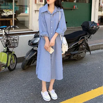 Femei Toamna Noua Moda Lungi Singur Pieptul Cu Dungi Rochie Office Lady Stil Coreean Rândul Său, În Jos Guler Vintage Casual Rochie Vrac