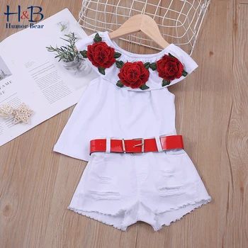 Umor Urs pentru Sugari Copii Baby Girl Haine Seturi de Vară de moda de Pe Umăr 3D Rose Floare de Bumbac de Sus pantaloni Scurți Costum Set