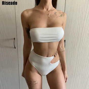 Riseado Solid Bikini Sexy 2021 Taie Femei Lanț de costume de Baie Costume de baie Costum de Baie Bandeau cu dungi Beachwear 2021 Noi de Vara