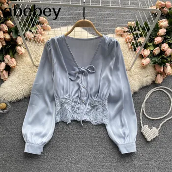 Femeile Design Coreean Bluza Dulce V Solidă Gât Topuri Casual Chic De Vară De Moda Streetwear Scurt, Bluze