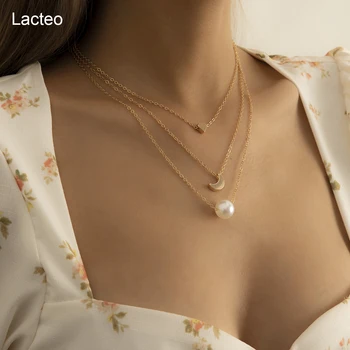 Lacteo 2021 Moda Trendy Luna Stele Pandantiv Colier Pentru Femei Boem Imitații De Perle Multi Strat Lanț Cravată Colier