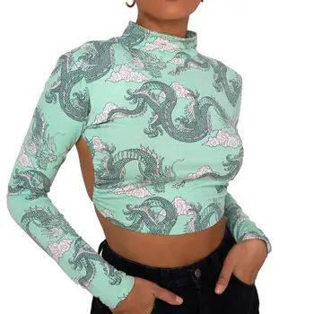 Plus Dimensiune Femei de Moda de Vara Femei Dragon Imprimat cu Maneci Lungi O de Gât tricou Slim Crop Top Tricou