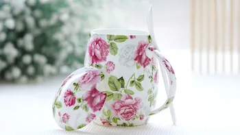 450ML, florale de trandafir floare pictura, bone china minion cana, ceramică termică cani, vente tasse, cu lingura și buze