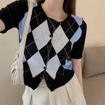 Vintage Geometrice Pulover Cardigan Pentru Femei De Vară Subțire Tricot Slim Maneci Scurte Gât O Îmbrăcăminte Tricotate Femei Pulovere Topuri