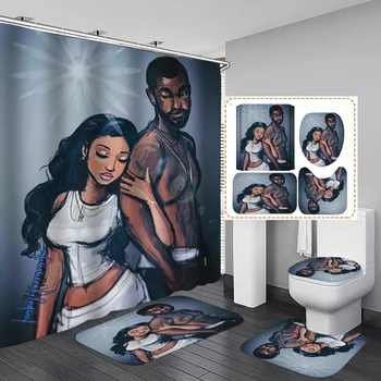 Bărbații Afro-Americani Femei Baie Set De Perdele Tesatura Impermeabila Cupluri Perdele De Duș Cu Capac De Toaletă Mat Non-Alunecare De Baie Covor