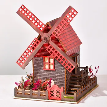 DIY Moară de vânt Cabana Casa de Păpușă de Lemn Kit Miniatura, cu Lumină de Mobilier casă de Păpuși Roombox Asamblat Jucarii pentru Adulti Cadouri
