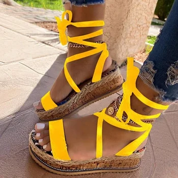 2021 Noi De Vara Femei Sarpe Sandale Tocuri Platforma Cruce Curea Glezna Dantela Peep Toe Petrecere Pe Plaja Doamnelor Pantofi Sandale Zapatos