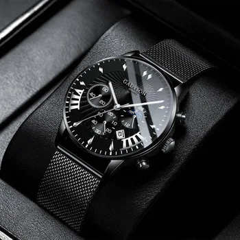 Casual clasic de moda pentru bărbați de trei-ochi de afaceri negru ceas de lux din oțel inoxidabil ultra-subțire plasă de trupa cuarț ceas de bărbaților