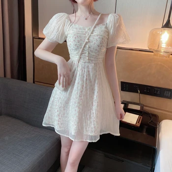 Vintage franceză Mini Șifon Dress Bubble Sleeve Pătrat Guler Zână Petrecere Casual coreean Maxi Rochie pentru Femei de Vară 2021 Vestido
