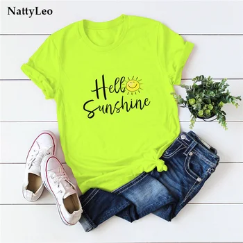 Vara Plus Dimensiune T-shirt Hello Sunshine Scrisori de Imprimare Tricou Femei din Bumbac O-Gat Maneci Scurte Tricou Grafic Teuri Fata Topuri