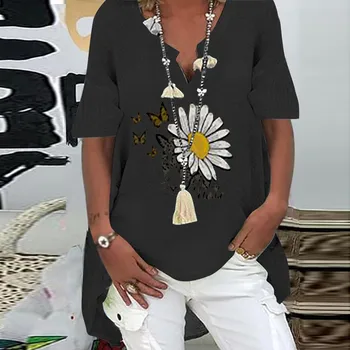 Femei Fluture Floare Tricou Imprimat Top Moda Short Sleeve V-Neck Bumbac Și Cânepă Femeie Topuri Haine Oversize T-Shirt