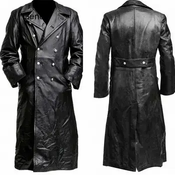 Butonul de Închidere Geaca de Piele de Calitate Superioară Lung Trenci de Iarnă Bărbați Vintage de Afaceri de Îmbrăcăminte Premium Ofițer Haină de Piele Neagră