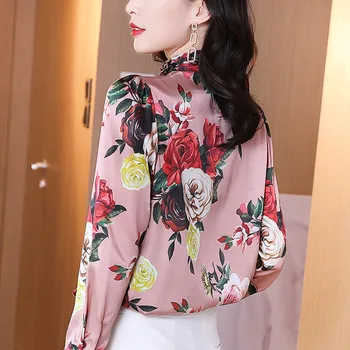 Coreeană Bluză De Mătase Pentru Femei Din Satin De Imprimare Bluze Tricouri Femei Bluza Cu Maneci Lungi Topuri Plus Dimensiune Femei Mătase Imprimare Tricou Femei Bluze