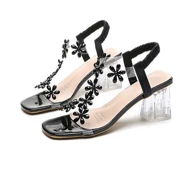 Noi vara sandale pentru femei potrivire de culoare stras flori cuvânt catarama toc indesata cristal sexy open-toe pantofi de moda