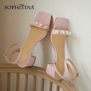 SOPHITINA de Lux Pearl Femei Sandale din Piele de Culoare Solidă Gleznă cu Cataramă Pantofi quare Toc Roz Dulce de sex Feminin Pantofi de Vara Noi DO570
