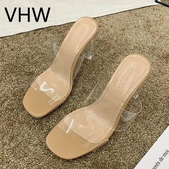 Vara 2021 Crastal Papuci Femei Transparent Cu Toc Sandale Pătrați Doamnelor Pantofi De Nunta Jeleu Clar Papuci De Casă Dimensiune 34-41