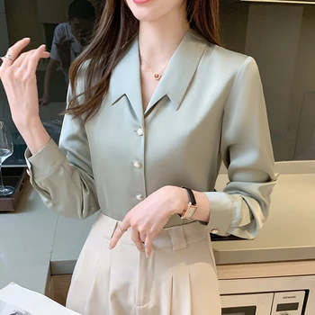REALEFT Femei Tricou Femei Bluza Topuri 2021 Nouă Primăvară cu Maneci Lungi Guler de Turn-down coreean OL Stil Office Lady Bluze