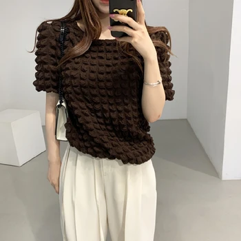 Noi Vara Retro Gât Rotund Femei Tricou Vrac Textură tridimensională Femeie Bluze Solid Puff Maneca Top Tricotate Femei