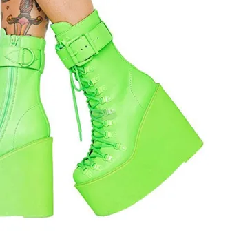 MStacchi Verde Platforma Cizme Femei Sexy Lace-Up Goth Cizme Cataramă Curea Glezna Femei Cizme Pene Doamnelor Petrecere Demonia Pantofi