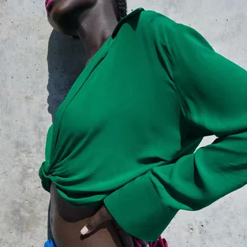 Za Femei 2021 Noua Moda Cu Bluze Scurte Vintage Maneca Lunga Rever Verde Nod Decor Feminin Tricouri Topuri Chic