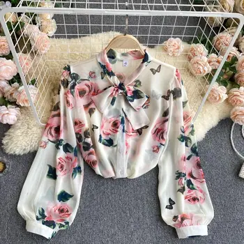Tinere Doamne Florale Imprimate Două Bucata Set Femei Șifon Lung Papion Guler Camasa Bluze De Vară Talie Mare Fuste Mini 2 Seturi De Piese