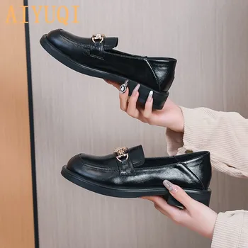 Haimana Pantofi Femei din Piele 2021 Primavara Casual Pantofi Oxford Femei stil Britanic Toc Gros Horsebit Dantela-up Pantofi Doamnelor