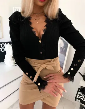 Femeia Haine 2020 Primăvară Dantelă Sexy Bodycon Maneca Lunga Tricou Femei de Moda Butonul Solid V-neck Doamnelor Topuri Tricouri