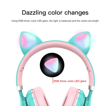 Roz Căști fără fir Bluetooth pentru Copii luminos de pisică ureche setul cu cască Suport TF Card 3D stereo pentru xiaomi iphone, cu microfon