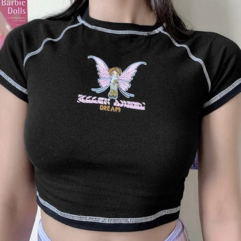 Femei Sexy Culturilor Sus Butonul Vesta cu Maneci Scurte Rotund Gat Fluture Scrisoare de Imprimare tricou Casual de Vara Slim Maieu 2021 Noi
